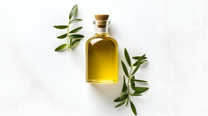 Olive oil bottle and olive branch isolated on white background, top view.