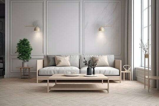 Scandinavian living room interior in light colors with a gray sofa, pillows, coffee table, dired flowers in vase, mock up poster. House apartment design in a minimalist style