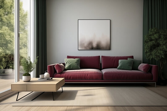 Bordo sofa against wall, modern living room, big window, minimalist apartment, green and bordo interior design