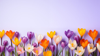 Kwiatowe minimalistyczne tło z krokusami na życzenia z okazji Dnia Kobiet, Dnia Matki, Dnia...