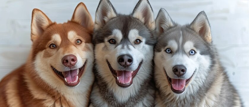 Three Happy Huskies on a White Background