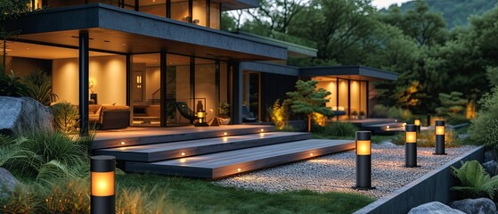 A modern home in cozy lighting in the middle of nature