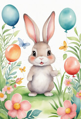 Adorable Bunny Watercolor Illustration with Spring Flowers and Balloons for Easter or Birthday Card