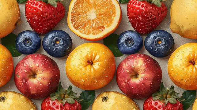 Freshly Hand-Drawn Citrus and Berries with Water Droplets Illustration