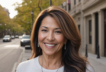 Portrait of Smiling Hispanic Woman in Middle Age, Close-Up Shot on Street - obrazy, fototapety, plakaty