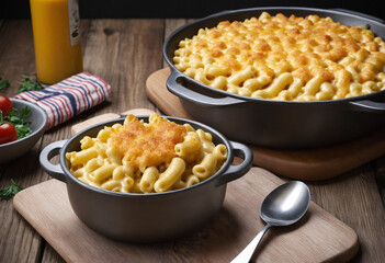 Classic American macaroni and cheese on a charmingly rustic table.