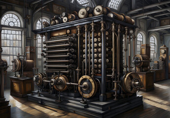 fantasy illustration of a 19th century difference engine type mechanical steampunk computer