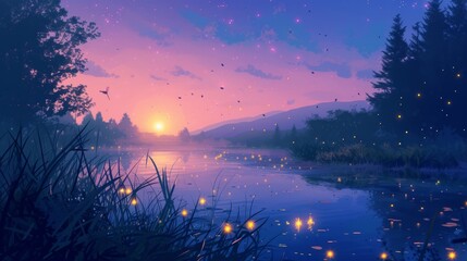 Beautiful anime-style illustration of glowing fireflies over a lake at golden hour