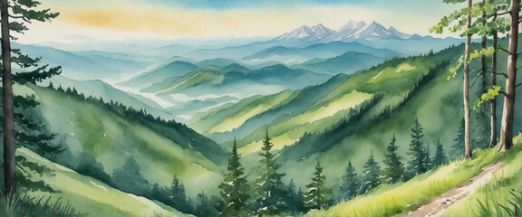 Watercolor mountain scenery created by hand