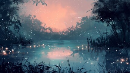 Beautiful anime-style illustration of glowing fireflies over a lake at twilight