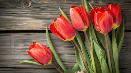 A bouquet of red tulips lays atop a rustic wooden surface, signifying spring