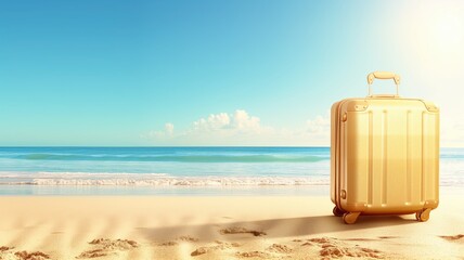 Golden suitcase on a sunny tropical beach, travel concept