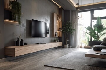 Modern living room with gray walls and TV mounted on cabinet