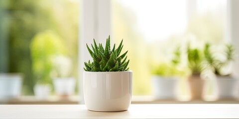 Beautiful green succulent cactus in small white pot on wooden table, representing a house plant concept. - obrazy, fototapety, plakaty