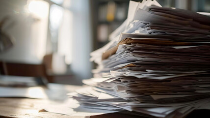 Pile of documents on the desk. Selective focus and shallow depth of field. A stack of papers on a desk on a blurred background of a window and a bookcase. Working documentation of an office worker.