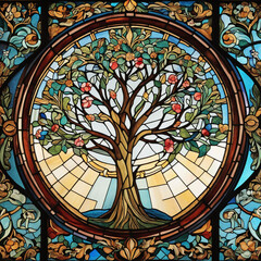 Mystical Tree in Stained Glass Window. Creative Design. No AI.