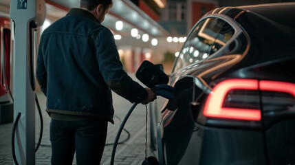In the charging station, a man charges an electric car.