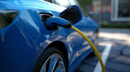 At the charging station, the electric vehicle is getting power.