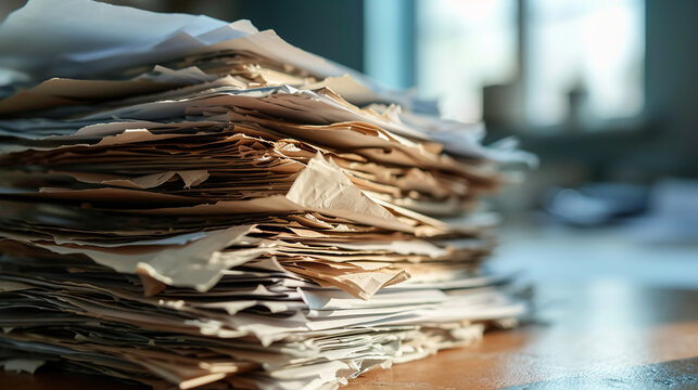 Close-up of a stack of old papers on the blurred background of a large office window. A large stack of documents are waiting to be completed on the table. Blurred office background.