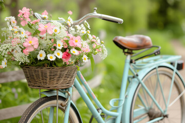 Fototapeta na wymiar A vintage bicycle with a basket filled with freshly picked spring blooms, combining nostalgia with the beauty of the season