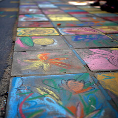 Colorful chalk drawings on a sidewalk, capturing the spontaneous and creative expressions of April days