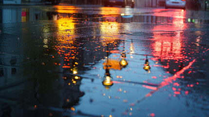 City lights reflecting in rain puddles on the pavement, creating a captivating urban scene on a rainy April evening