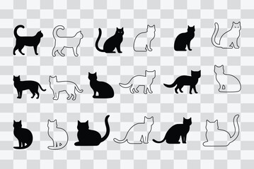 Collection of black cat icon illustrations, vectoral cats