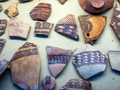 Kashan, Iran - October 18, 2016: Pottery pieces in museum of Tepe Sialk archeological site in a suburb of Kashan
