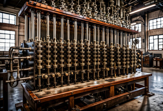 fantasy illustration of a 19th century difference engine type mechanical steampunk computer