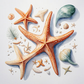 Starfish on white background Watercolor illustration