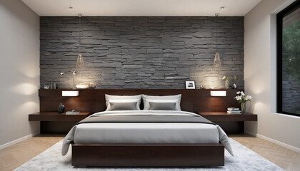 Contemporary Bedroom Design with Dark Wood Bed and Grey Stone Wall Cladding