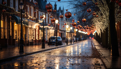 Fototapeta na wymiar Illuminated city streets celebrate winter with Christmas decorations generated by AI