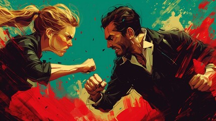 Stylized artwork of two figures in a confrontational pose.