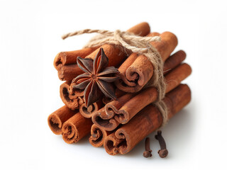 Heap of dried Cinnamon with star anise close up isolated on white background 