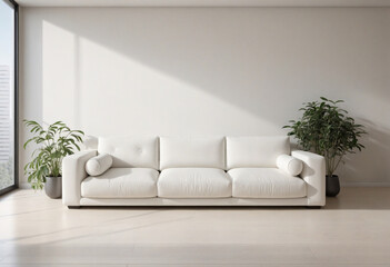 Naklejka premium Clean and simple room with a cozy white boucle sofa