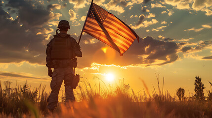 a soldier holding an american flag in the sunset - obrazy, fototapety, plakaty