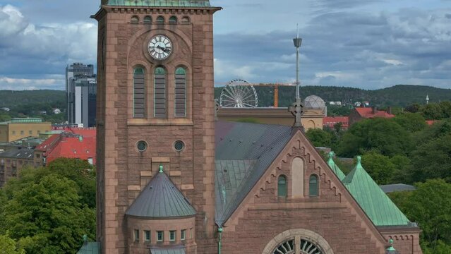 A view of the Vasa church in Gothenburg, Sweden , Amusement park Liseberg 