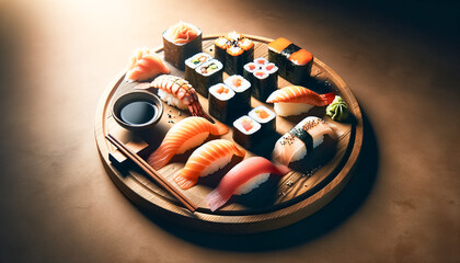 Traditional Sushi Assortment on a Wooden Serving Board