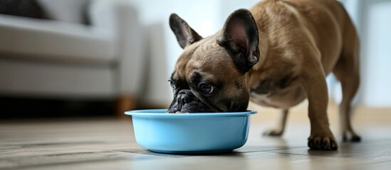 Blue pot used for feeding French bulldog with all-natural food.