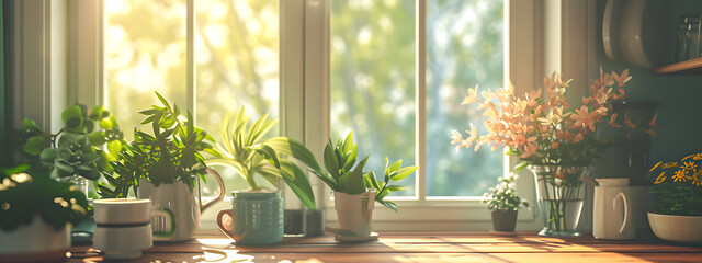 kitchen table in front of a window with plants and fl - obrazy, fototapety, plakaty