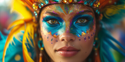 Brazilian carnival and festival Stunning carnival queen with elaborate face paint and headdress.