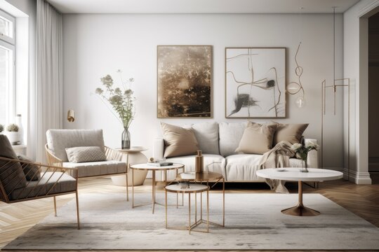 A contemporary Scandinavian living room with a wooden design table, chairs, sofa, and white stands and fashionable accents. Wall art that is abstract. chic interior design. poster frame mockup