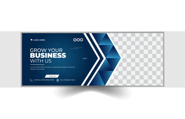 Professional business Facebook cover page timeline web banner template with photo area, modern white backdrop arrangement, and eye-catching form and text design. - obrazy, fototapety, plakaty