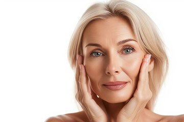 beautiful 50s mid aged mature woman isolated on white background. skin care beauty, skincare cosmetics concept © Enrique