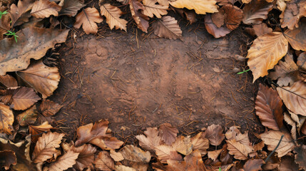  Dry autumn leaves covering the earthy forest floor.