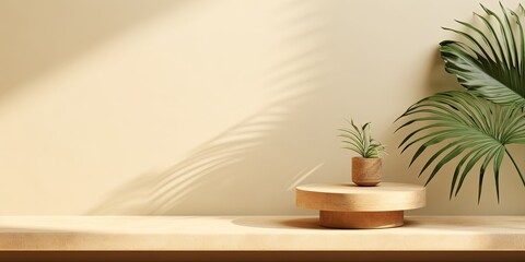 Round wooden podium table with curved green palm tree, leaf shadow on blank beige wall for organic cosmetic background.