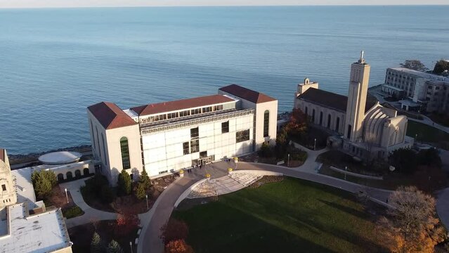 Loyola University Chicago campus, library, church, and Lake Michigan