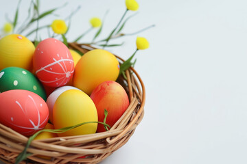 Obraz na płótnie Canvas A wicker basket filled with colorful painted Easter eggs in red, yellow, and green, adorned with white patterns, and a few yellow flowers on a white background.