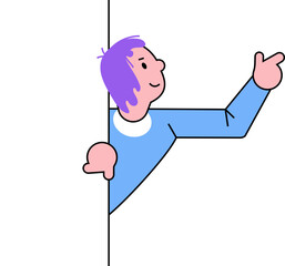 Cartoon man peeking from behind a corner pointing forward. Friendly male character with purple hair simplicity cartoon style vector illustration.