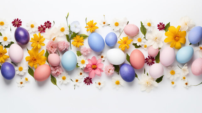 Spring concept. Easter motifs. Easter eggs and spring flowers on white background. Top view, flat lay.